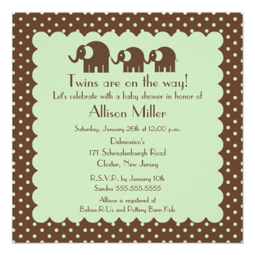 Mama & Twins Elephant Baby Shower Personalized Announcement (front side)