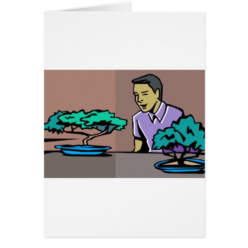 Man admiring two bonsai trees graphic greeting card