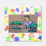 Man admiring two bonsai trees graphic magnets