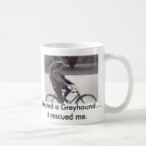 Man and greyhound on bicycle in England, mugs
