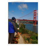 Man & Dog Admire Painting Golden Gate Bridge Card cards