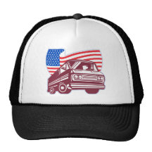 Man driving vintage delivery van american flag mesh hats