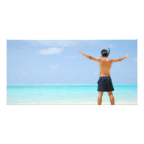 man getting ready to go snorkeling in a tropical i picture card