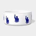 man pointing up shadow speak text blue white dog bowls