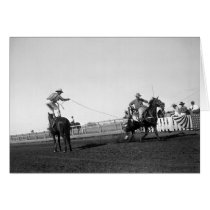 Man standing on a horse roping a horse and rider cards