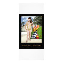 man with swim suit rack cards rack cards