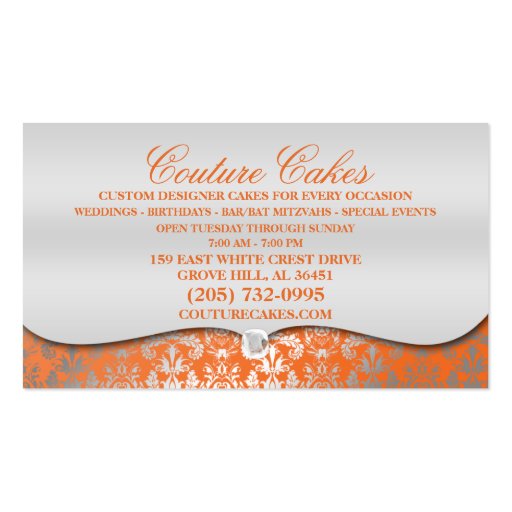 Mandarin Cake Couture Glitzy Damask Cake Bakery Business Card Template (back side)