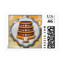 Mandarin Orange Cake Couture Glitzy Damask Bakery Postage Stamp