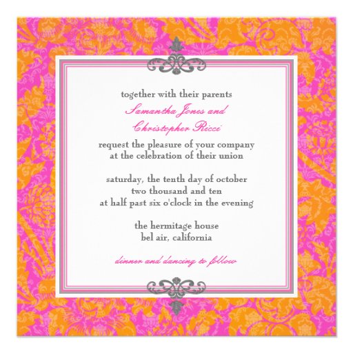 Mandarin Orange/Hot Pink Damask invitations