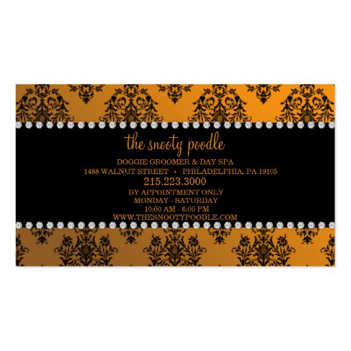 Mandarin Orange Jeweled Damask Dog Grooming/Spa Business Card (back side)