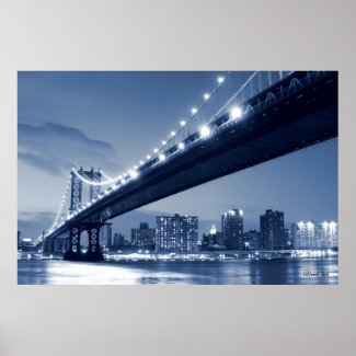 Manhattan Skyline and Manhattan Bridge At Night Print