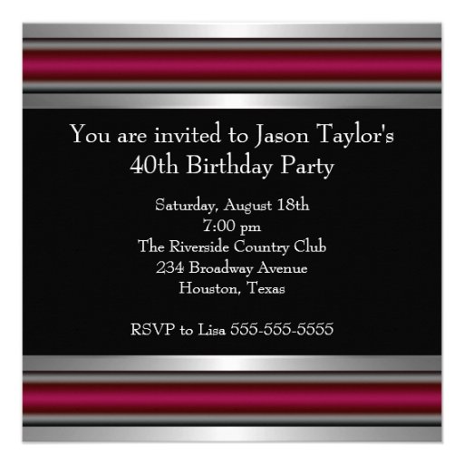 Mans Black Red Silver Classy 40th Birthday Party Personalized Invites