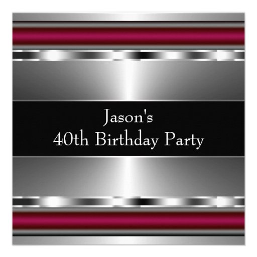 Mans Black Red Silver Classy 40th Birthday Party Custom Announcements (front side)