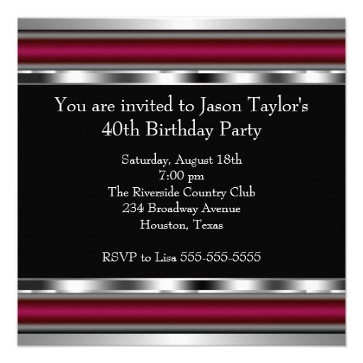 Mans Black Red Silver Classy 40th Birthday Party Custom Announcements