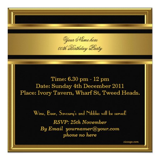 Mans Elegant Black Gold Birthday Party Mens Custom Invitation