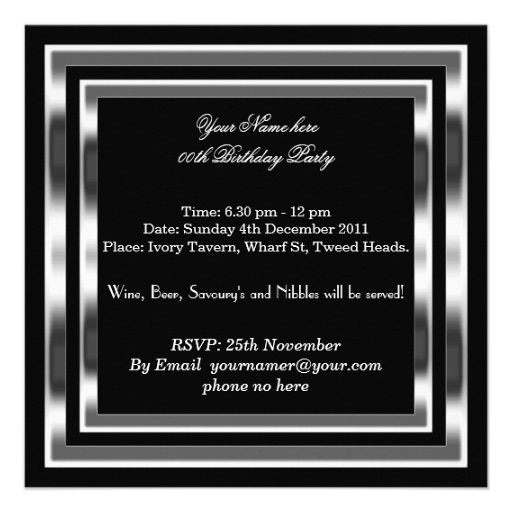 Mans Elegant Black Silver Birthday Party Mens Invitations