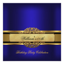 Mans Royal blue Gold Birthday Party Mens Custom Invite