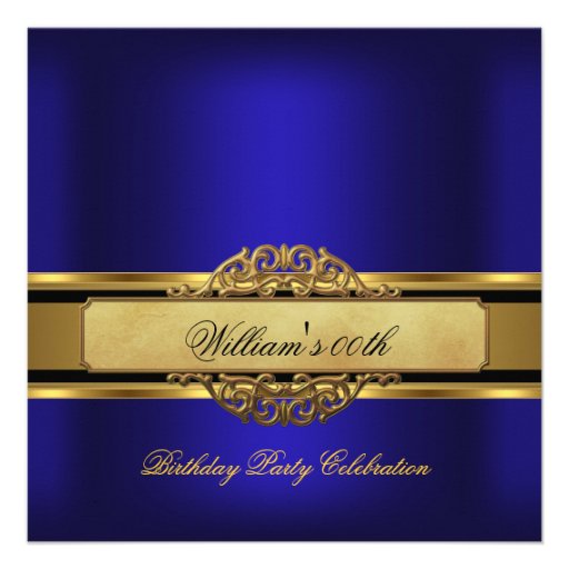 Mans Royal blue Gold Birthday Party Mens Custom Invite