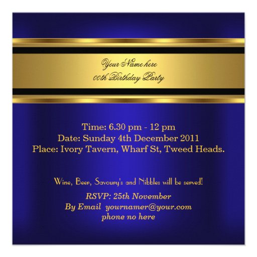 Mans Royal blue Gold Birthday Party Mens Custom Invite