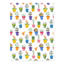 Many-coloured pots with flowers postcard postcards
