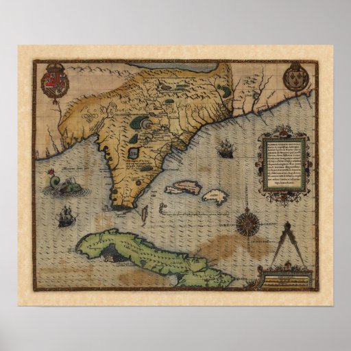 Map of Florida and the Caribbean (1588) Poster