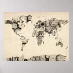Map of the World Map from Old Clocks Print