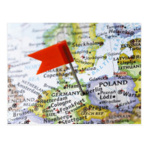 Map pin placed in Berlin, Germany on map, Postcards