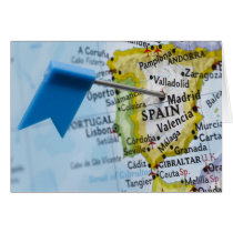 Map pin placed in Madrid, Spain on map, close-up Cards