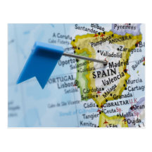 Map pin placed in Madrid, Spain on map, close-up Post Card