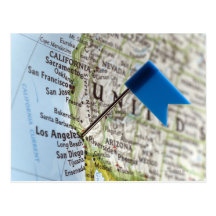 Map pin placed on Los Angeles, California on Postcard