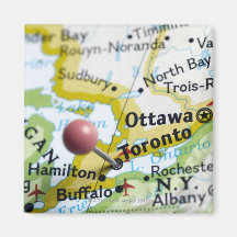 Map pin placed on Toronto, Canada on map, Fridge Magnets