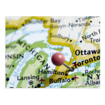 Map pin placed on Toronto, Canada on map, Postcards
