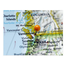 Map pin placed on Vancouver, Canada on map, Postcards