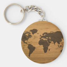 Mapa del mundo de madera del grano llavero