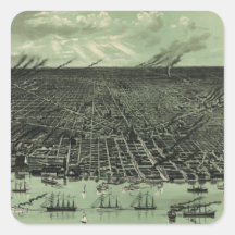 Mapa ilustrado del vintage de Detroit Michigan (18 Colcomanias Cuadradas Personalizadas