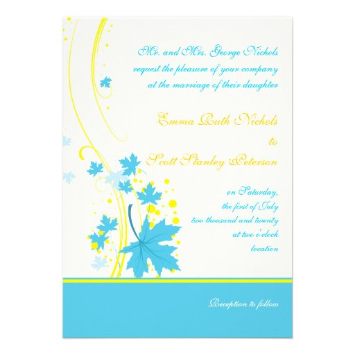 Maple leaves turquoise yellow wedding invitation