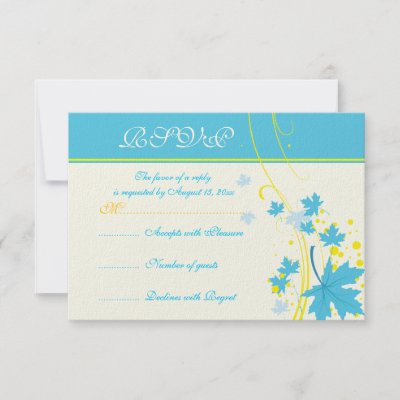 Maple leaves turquoise yellow wedding RSVP card Custom Announcements by 