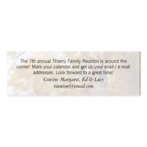Maple Trees Reunion Save the Date Business Card (back side)