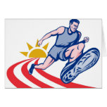 marathon runner jogging on road with sun cards
