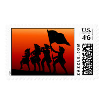 Marching with drums and fife and flag postage stamp