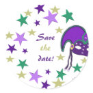 round_sticker - Mardi Gra Mask Save The Date Stickers.  By KCavender Mardi Gra Themed Party Postage by SayItNowShop all other custom postage on zazzle.com Mardi Gra Themed Save The Date Stickers by SayItNowDesign custom stickers using zazzle.com   Mardi Gra Themed Save The Date Stickers by SayItNowSee other Save the date stickers Stickers 