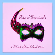 "Mardi Gras Ball" - Feathered Mask in Purple/Green invitations