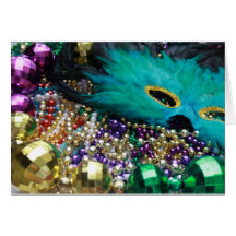 Mardi Gras Beads & Green Feather Mask Card