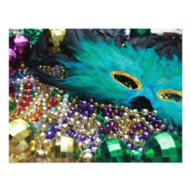 Mardi Gras Beads & Green Feather Mask Custom Invites