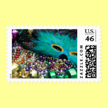 Mardi Gras Beads & Green Feather Mask postage