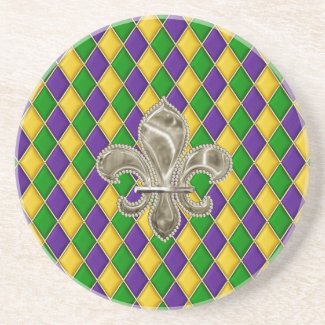 Mardi Gras Harlequin Pattern Coaster w/Fleur deLys