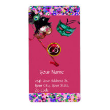 MARDI GRAS MASQUERADE Confetti gem red burgundy Personalized Shipping Labels