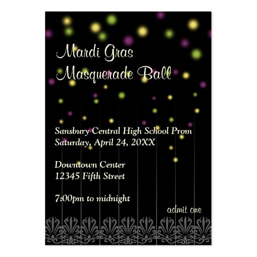 Mardi Gras masquerade prom bid admission ticket Business Card Template (front side)