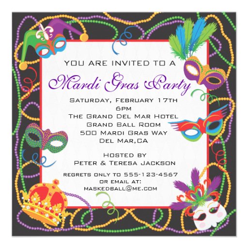 Mardi Gras  Party Invitation with Masks and Beads