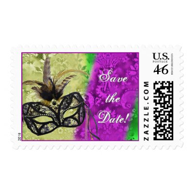 Save the date stamps for the mardi gras masquerade party wedding theme
